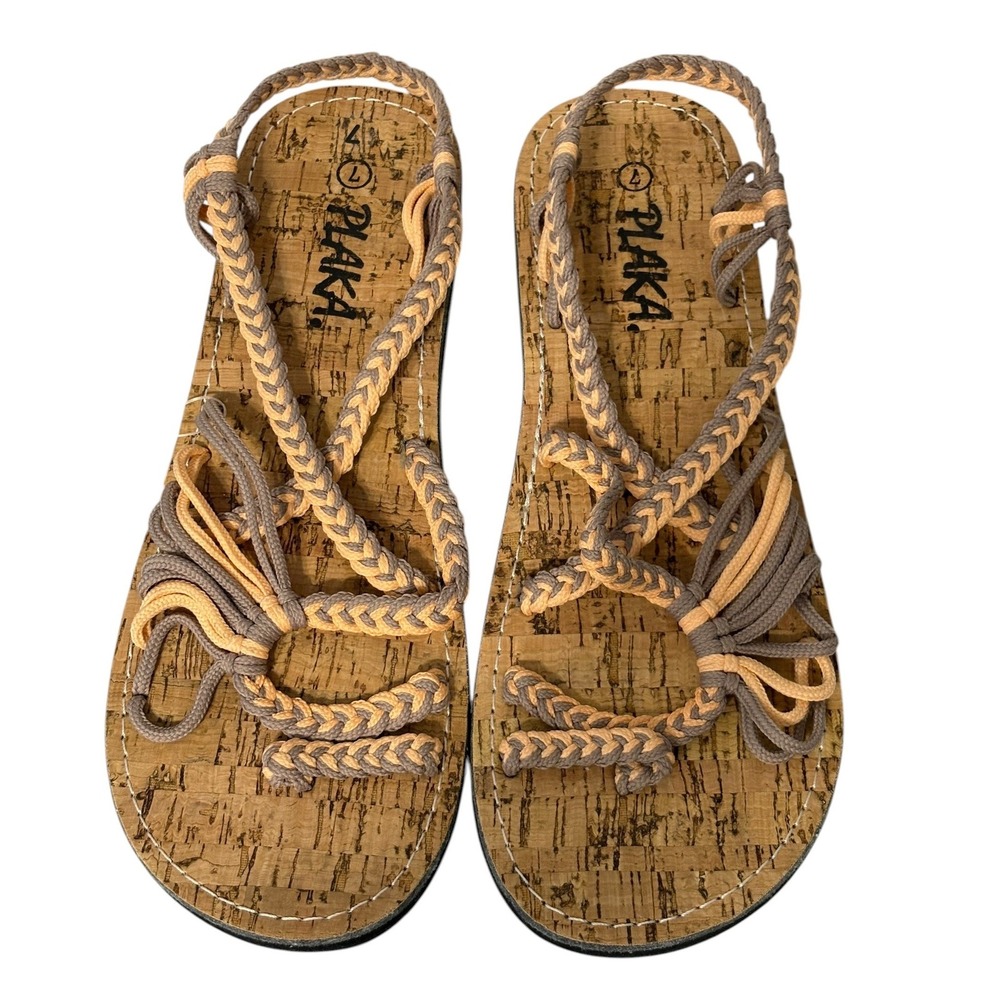 Plaka Women Flat Sandals Grey Peach Braided Rope Strappy Cork Footbed Size 7 NEW